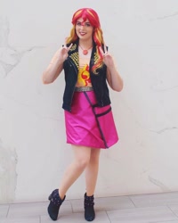 Size: 1080x1350 | Tagged: safe, artist:maddymoiselle, derpibooru import, sunset shimmer, human, clothes, cosplay, costume, irl, irl human, jewelry, looking at you, necklace, peace sign, photo, smiling, smiling at you