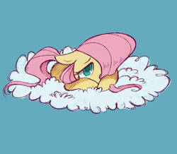 Size: 1280x1114 | Tagged: safe, artist:meowmeows4872, derpibooru import, fluttershy, pony, cloud, ears, female, floppy ears, hair over one eye, looking at you, lying down, on a cloud, prone, simple background, solo, teal background, younger, younger fluttershy