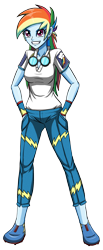 Size: 1240x3000 | Tagged: safe, artist:artemis-polara, derpibooru import, rainbow dash, equestria girls, alternate hairstyle, breasts, clothes, ear piercing, earring, female, goggles, jewelry, pants, piercing, shirt, shoes, simple background, solo, transparent background