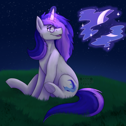 Size: 1500x1500 | Tagged: safe, artist:sursiq, derpibooru import, oc, oc only, oc:ephemeris tides, unicorn, cutie mark, eyelashes, female, glasses, glowing horn, grass, hooves, horn, magic, mare, moon, multicolored hair, multicolored mane, multicolored tail, night, open mouth, outdoors, sitting, sitting on grass, smiling, solo, stars, underhoof, unicorn oc, using magic, watermark, wingding eyes