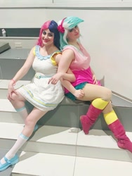 Size: 720x960 | Tagged: safe, artist:sarahndipity cosplay, artist:shelbeanie, derpibooru import, bon bon, lyra heartstrings, sweetie drops, human, equestria girls, babscon, clothes, cosplay, costume, facebook, irl, irl human, photo