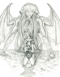 Size: 1100x1419 | Tagged: safe, artist:baron engel, derpibooru import, sweetie belle, anthro, unicorn, behind you, body horror, call of cthulhu, clothes, cthulhu, eldritch abomination, eldritch horror, female, filly, grayscale, i've seen enough hentai to know where this is going, lovecraft, monochrome, one-piece swimsuit, pencil drawing, swimsuit, this will end in insanity, traditional art, xk-class end-of-the-world scenario