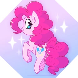 Size: 1500x1500 | Tagged: safe, artist:aferalsunflower, derpibooru import, pinkie pie, earth pony, pony, abstract background, cute, diapinkes, female, looking at you, looking back, looking back at you, mare, raised hoof, raised leg, solo, sparkles