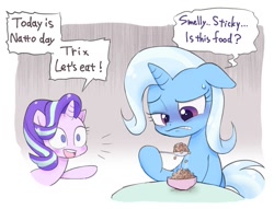 Size: 1573x1200 | Tagged: safe, artist:k-nattoh, derpibooru import, starlight glimmer, trixie, pony, unicorn, beans, dialogue, disgusted, ears, female, floppy ears, food, gritted teeth, mare, natto, spoon, trixie is not amused, unamused