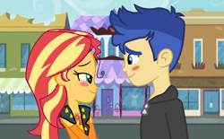 Size: 1000x620 | Tagged: safe, artist:3d4d, derpibooru import, flash sentry, sunset shimmer, equestria girls, blushing, female, flashimmer, looking at each other, male, shipping, smiling, smiling at each other, straight