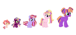 Size: 1280x587 | Tagged: safe, artist:glitterfleshgum, derpibooru import, oc, oc only, oc:apollonia, oc:pear butter, oc:pixie petunia, oc:sun catcher, oc:sunrise ace, earth pony, pegasus, pony, unicorn, baby, baby pony, base used, female, filly, freckles, offspring, parent:big macintosh, parent:twilight sparkle, parents:twimac, pigtails, siblings, simple background, sisters, transparent background