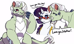 Size: 1600x960 | Tagged: safe, artist:daydreamdollop, derpibooru import, rarity, oc, oc:esperite essense, dracony, hybrid, pony, unicorn, female, glasses, heart, interspecies offspring, kiss on the cheek, kissing, male, mare, mother and child, mother and son, nose piercing, nose ring, offspring, parent and child, parent:rarity, parent:spike, parents:sparity, piercing, simple background, white background