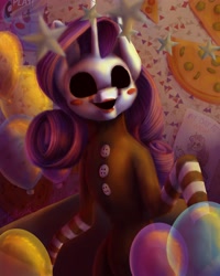 Size: 3000x3750 | Tagged: safe, artist:themessyfangirl, derpibooru import, rarity, pony, unicorn, balloon, crossover, five nights at freddy's, solo, the puppet