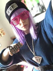 Size: 960x1280 | Tagged: safe, artist:littlemissbloo, derpibooru import, maud pie, human, beanie, clothes, cosplay, costume, facebook, hat, irl, irl human, jewelry, necklace, photo, swag