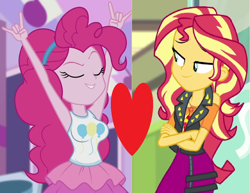 Size: 1662x1280 | Tagged: safe, derpibooru import, edit, edited screencap, editor:ah96, screencap, pinkie pie, sunset shimmer, better together, constructive criticism, equestria girls, forgotten friendship, armpits, big breasts, breast edit, breasts, cropped, crossed arms, deleted from derpibooru, devil horn (gesture), eyes closed, female, heart, lesbian, pinkie pies, shipping, shipping domino, solo, sunsetpie