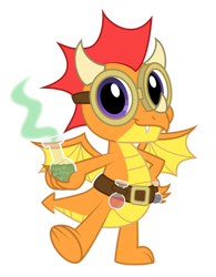 Size: 900x1155 | Tagged: safe, artist:aleximusprime, derpibooru import, oc, oc:sizzle, oc:sizzle the dragon, dragon, belt, bottle, dragon horns, dragon oc, dragon wings, flurry hearts story, goggles, nose horn, scientist, super dragon warriors, wings