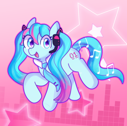 Size: 1386x1368 | Tagged: safe, artist:corvidcactus, derpibooru import, pony, anime, cute, hatsune miku, headset, necktie, ponified, raised leg, vocaloid