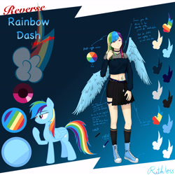 Size: 7016x7016 | Tagged: safe, artist:ruthless7, derpibooru import, rainbow dash, human, pegasus, pony, clothes, converse, duo, female, humanized, mare, raised hoof, raised leg, reference sheet, shoes, shorts, story included, winged humanization, wings