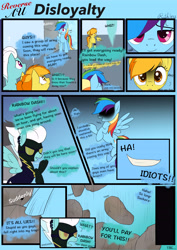 Size: 4961x7016 | Tagged: safe, artist:ruthless7, derpibooru import, fleetfoot, rainbow dash, spitfire, pegasus, pony, betrayal, clothes, comic, costume, dialogue, evil grin, female, flying, grin, mare, outdoors, shadowbolts costume, smiling