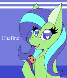 Size: 1912x2216 | Tagged: safe, artist:silenceshadowwolf, derpibooru import, oc, oc only, earth pony, pony, abstract background, bust, cookie, earth pony oc, female, food, heart eyes, mare, open mouth, signature, smiling, solo, wingding eyes