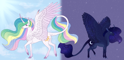 Size: 6950x3385 | Tagged: safe, artist:bluet0ast, derpibooru import, princess celestia, princess luna, alicorn, pony, absurd resolution, cloven hooves, curved horn, duo, duo female, ethereal mane, female, horn, leonine tail, mare, raised hoof, raised leg, royal sisters, siblings, sisters, starry mane, stars, story included, wing claws