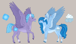 Size: 6872x4043 | Tagged: safe, artist:bluet0ast, derpibooru import, oc, oc only, oc:cyclone, oc:sleetstorm, pegasus, pony, absurd resolution, brown background, colored hooves, female, male, mare, offspring, parent:oc:tornado, parent:rainbow dash, parent:twilight sparkle, parents:canon x oc, pegasus oc, raised hoof, raised leg, simple background, stallion, story included, wing claws, wings