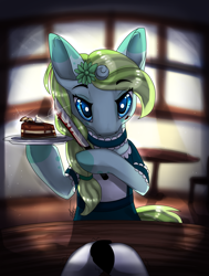 Size: 1729x2285 | Tagged: safe, artist:inspiredpixels, derpibooru import, oc, oc only, pony, unicorn, cake, clothes, female, food, indoors, looking at you, maid, mare, solo focus