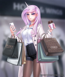 Size: 1000x1183 | Tagged: safe, artist:racoonsan, derpibooru import, fleur-de-lis, human, clothes, coffee, female, horn, horned humanization, humanized, implied coco pommel, looking at you, phone, shopping, shopping bags, shorts, solo, tights