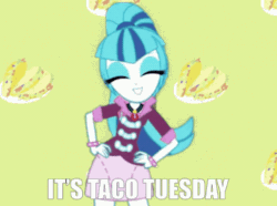 Size: 498x370 | Tagged: safe, artist:jakeneutron, derpibooru import, edit, sonata dusk, equestria girls, animated, cute, eyes closed, female, food, gif, grin, hand on hip, smiling, solo, sonatabetes, sonataco, swaying hips, taco, taco tuesday, that siren sure does love tacos
