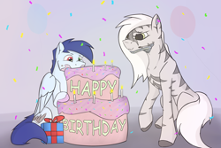 Size: 3000x2000 | Tagged: safe, artist:diskrt, derpibooru import, oc, oc:kazer, oc:slipstream, pegasus, pony, zebra, cake, commission, food, happy birthday, present