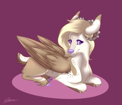 Size: 1150x994 | Tagged: safe, artist:eperyton, derpibooru import, oc, oc only, deer, cloven hooves, horns, lying down, pegadeer, prone, purple background, signature, simple background, solo, wings