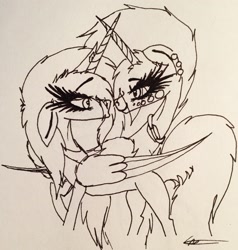 Size: 2282x2397 | Tagged: safe, artist:beamybutt, derpibooru import, oc, oc only, oc:moonbeam, alicorn, pony, alicorn oc, ear piercing, eyelashes, female, horn, lineart, looking at each other, looking back, mare, piercing, signature, traditional art, wings