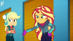 Size: 1920x1075 | Tagged: safe, derpibooru import, screencap, applejack, sunset shimmer, better together, equestria girls, holidays unwrapped, winter break-in