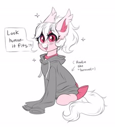 Size: 3583x3960 | Tagged: safe, artist:confetticakez, derpibooru import, oc, oc only, oc:cream puff, bat pony, pony, bat pony oc, blushing, bow, clothes, cute, female, hoodie, looking at you, mare, ocbetes, open mouth, open smile, oversized clothes, oversized hoodie, oversized shirt, shirt, simple background, sitting, smiling, smiling at you, solo, sparkles, sweater, tail bow, text, white background