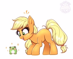 Size: 2923x2351 | Tagged: safe, artist:confetticakez, derpibooru import, applejack, earth pony, frog, pony, cute, female, filly, filly applejack, frog inspector applejack, jackabetes, missing cutie mark, open mouth, smiling, sparkles, younger