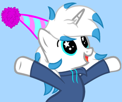 Size: 1032x864 | Tagged: safe, artist:justinallendel3, derpibooru import, oc, oc only, oc:justin delepaz, pony, unicorn, hat, male, party hat, simple background, solo, stallion, starry eyes, wingding eyes