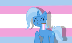 Size: 1009x609 | Tagged: safe, artist:mimisartcircus, derpibooru import, trixie, pony, unicorn, cute, diatrixes, eyes closed, female, headcanon, mare, mouth hold, mouthpiece, pride, pride flag, solo, trans female, trans trixie, transgender, transgender pride flag