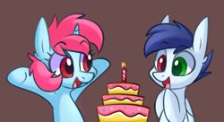 Size: 1750x953 | Tagged: safe, artist:handgunboi, derpibooru import, oc, oc:slipstream, oc:starfire, pegasus, pony, unicorn, cake, candle, food, happy birthday, horn, pegasus oc, unicorn oc