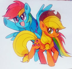 Size: 500x478 | Tagged: artist needed, source needed, safe, derpibooru import, applejack, rainbow dash, earth pony, pegasus, pony, shipping, traditional art