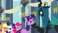 Size: 1920x1080 | Tagged: safe, derpibooru import, screencap, applejack, pinkie pie, queen chrysalis, rarity, twilight sparkle, unicorn twilight, changeling, changeling queen, earth pony, pegasus, unicorn, a canterlot wedding, season 2, candle, female, mare