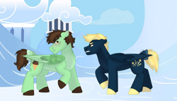 Size: 1280x732 | Tagged: safe, artist:itstechtock, derpibooru import, oc, oc only, oc:mint fudge, oc:stellar bolt, pegasus, pony, colt, half-siblings, male, offspring, parent:dumbbell, parent:lightning dust, parent:star hunter, parents:lightningbell