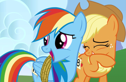 Size: 1605x1045 | Tagged: safe, derpibooru import, screencap, applejack, rainbow dash, earth pony, pegasus, pony, fall weather friends, season 1, cropped, eyes closed, female, mare, open mouth