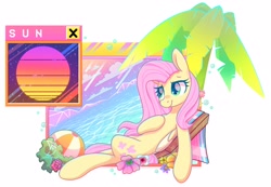 Size: 2946x2037 | Tagged: safe, artist:musicfirewind, derpibooru import, fluttershy, pegasus, palm tree, sand, simple background, solo, sun, tree, white background