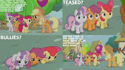 Size: 1280x720 | Tagged: safe, derpibooru import, edit, edited screencap, editor:quoterific, screencap, apple bloom, applejack, scootaloo, sweetie belle, earth pony, pegasus, pony, unicorn, one bad apple, season 3, apple bloom's bow, applejack's hat, balloon, bow, clothes, cowboy hat, cutie mark crusaders, female, filly, hair bow, hat, implied babs seed, mare, open mouth