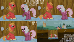 Size: 1280x720 | Tagged: safe, derpibooru import, edit, edited screencap, editor:quoterific, screencap, apple bloom, big macintosh, cheerilee, scootaloo, sweetie belle, earth pony, pegasus, pony, unicorn, hearts and hooves day (episode), season 2, apple bloom's bow, bow, cutie mark crusaders, dirt, eyes closed, female, filly, hair bow, hole, male, mare, mattress, shovel, stallion, wedding veil