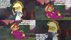 Size: 1280x720 | Tagged: safe, derpibooru import, edit, edited screencap, editor:quoterific, screencap, applejack, sunset shimmer, better together, equestria girls, wake up!, wake up!: applejack, clothes, crossed arms, duo, duo female, female, music, open mouth, pajamas, smiling