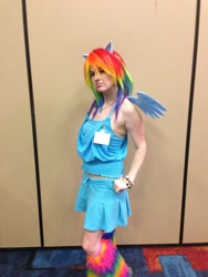 Size: 960x1280 | Tagged: safe, artist:rina-chan, derpibooru import, rainbow dash, human, bracelet, brony fan fair, clothes, cosplay, costume, irl, irl human, jewelry, kira buckland, photo, sleeveless, tumblr