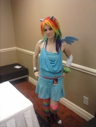 Size: 960x1280 | Tagged: safe, artist:rina-chan, derpibooru import, rainbow dash, human, brony fan fair, brony fan fair 2014, clothes, cosplay, costume, hand on hip, irl, irl human, kira buckland, photo, sleeveless