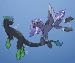 Size: 1650x1400 | Tagged: safe, artist:neonlight115, derpibooru import, oc, oc only, alicorn, merpony, pony, bubble, crepuscular rays, diving goggles, fins, flippers, flowing mane, horn, looking at each other, ocean, purple eyes, purple mane, smiling, spread wings, swimming, tail, underwater, water, wings