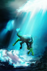 Size: 1000x1500 | Tagged: safe, artist:neonlight115, derpibooru import, oc, oc only, fish, merpony, blue mane, bubble, crepuscular rays, diving, fins, ocean, seaweed, solo, sunlight, swimming, tail, underwater, water