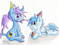 Size: 2184x1690 | Tagged: safe, artist:the1king, derpibooru import, oc, oc only, oc:azure night, oc:slipstream, birthday, duo, eating, food, hat, muffin, noisemaker, party hat