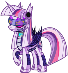 Size: 5247x5613 | Tagged: safe, artist:severity-gray, derpibooru import, twilight sparkle, twilight sparkle (alicorn), alicorn, pony, robot, robot pony, absurd resolution, accessories, alternate hairstyle, armor, clothes, cutie mark, female, frown, glow, glowing eyes, goggles, jewelry, latex, mare, necklace, not amused face, raised hoof, raised leg, roboticization, rubber, simple background, solo, transparent background, twibot, vector, visor, wings