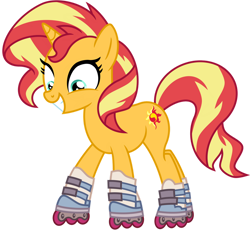 Size: 1024x961 | Tagged: safe, artist:emeraldblast63, derpibooru import, sunset shimmer, pony, unicorn, grin, happy, implied sunny starscout, name joke, roller skates, simple background, smiling, solo, transparent background