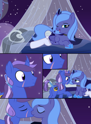 Size: 2500x3400 | Tagged: safe, artist:jelisicli, derpibooru import, princess luna, oc, oc:azure night, alicorn, pony, unicorn, azuna, bed, canon x oc, clothes, comic, commission, curved horn, female, filly, high res, horn, kissing, male, pedophilia, socks, stallion, unicorn oc, woona, ych result, younger