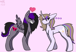 Size: 2431x1657 | Tagged: safe, artist:revenge.cats, derpibooru import, oc, oc only, oc:drizzling dasher, pegasus, pony, unicorn, colored wings, curved horn, duo, duo female, emo, eyes closed, fangs, female, frown, gradient wings, grin, heart, high res, horn, implied lesbian, implied shipping, mare, pegasus oc, pink background, short hair, simple background, small wings, smiling, spread wings, triforce, unicorn oc, wings